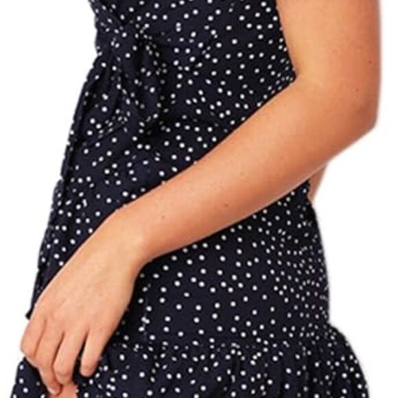Navy Polka Dot Ruffle Hem Wrap Dress - Picture 4 of 11